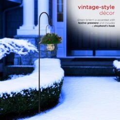 Alpine Solar Warm LED Lighted Metal Lantern Antique Christmas Pathway Lights With Shepherd's Hook, Green -Northlight Shop alpine christmas pathway lights ljj1334slr gn 4f 1000
