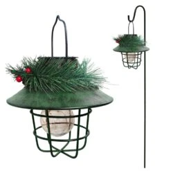 Alpine Solar Warm LED Lighted Metal Lantern Antique Christmas Pathway Lights With Shepherd's Hook, Green