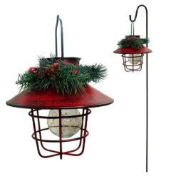 Alpine Solar Warm LED Lighted Metal Lantern Antique Christmas Pathway Lights With Shepherd's Hook, Red