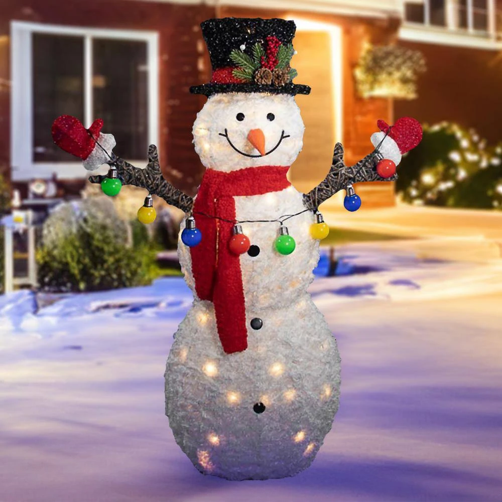 White Fabric 3D Snowman Holding Christmas Lights W/LED Lights 3 White Fabric 3D Snowman Holding Christmas Lights W/LED Lights - Image 3