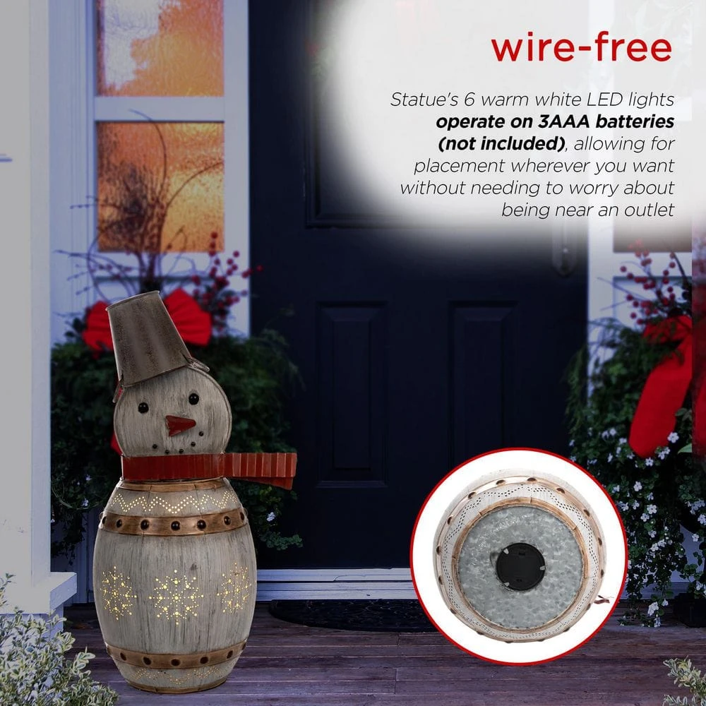 30 In. Tall Weathered Barrel Snowman With Warm White LED Lights 5 30 In. Tall Weathered Barrel Snowman With Warm White LED Lights - Image 5