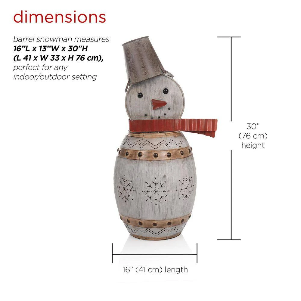 30 In. Tall Weathered Barrel Snowman With Warm White LED Lights 3 30 In. Tall Weathered Barrel Snowman With Warm White LED Lights - Image 3