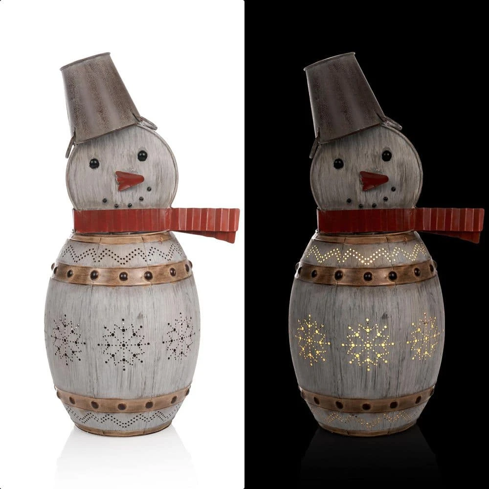 30 In. Tall Weathered Barrel Snowman With Warm White LED Lights 1 30 In. Tall Weathered Barrel Snowman With Warm White LED Lights