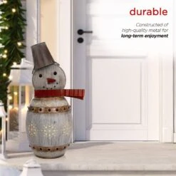 30 In. Tall Weathered Barrel Snowman With Warm White LED Lights 18 30 In. Tall Weathered Barrel Snowman With Warm White LED Lights -Northlight Shop alpine corporation christmas yard decorations ors730 77 1000