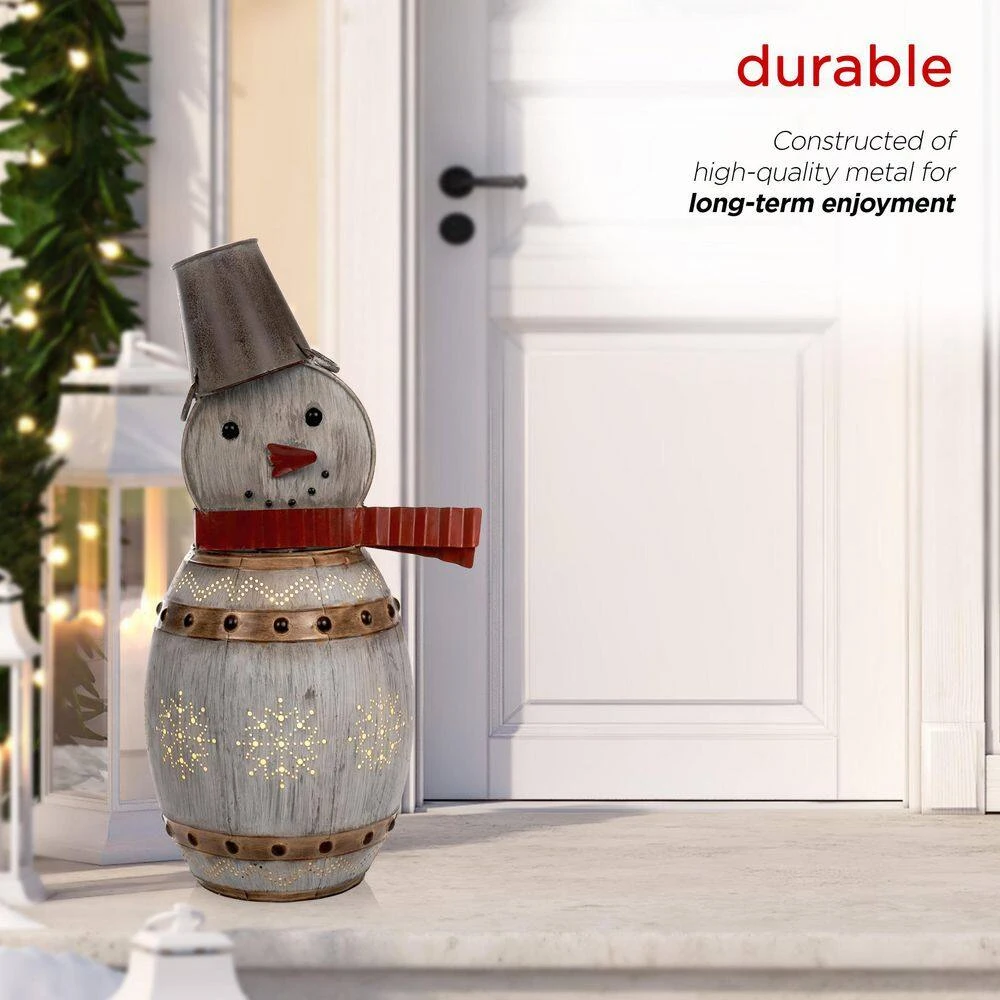 30 In. Tall Weathered Barrel Snowman With Warm White LED Lights 7 30 In. Tall Weathered Barrel Snowman With Warm White LED Lights - Image 7