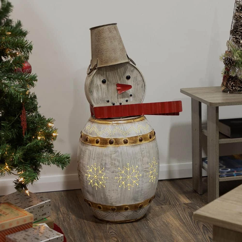 30 In. Tall Weathered Barrel Snowman With Warm White LED Lights 2 30 In. Tall Weathered Barrel Snowman With Warm White LED Lights - Image 2
