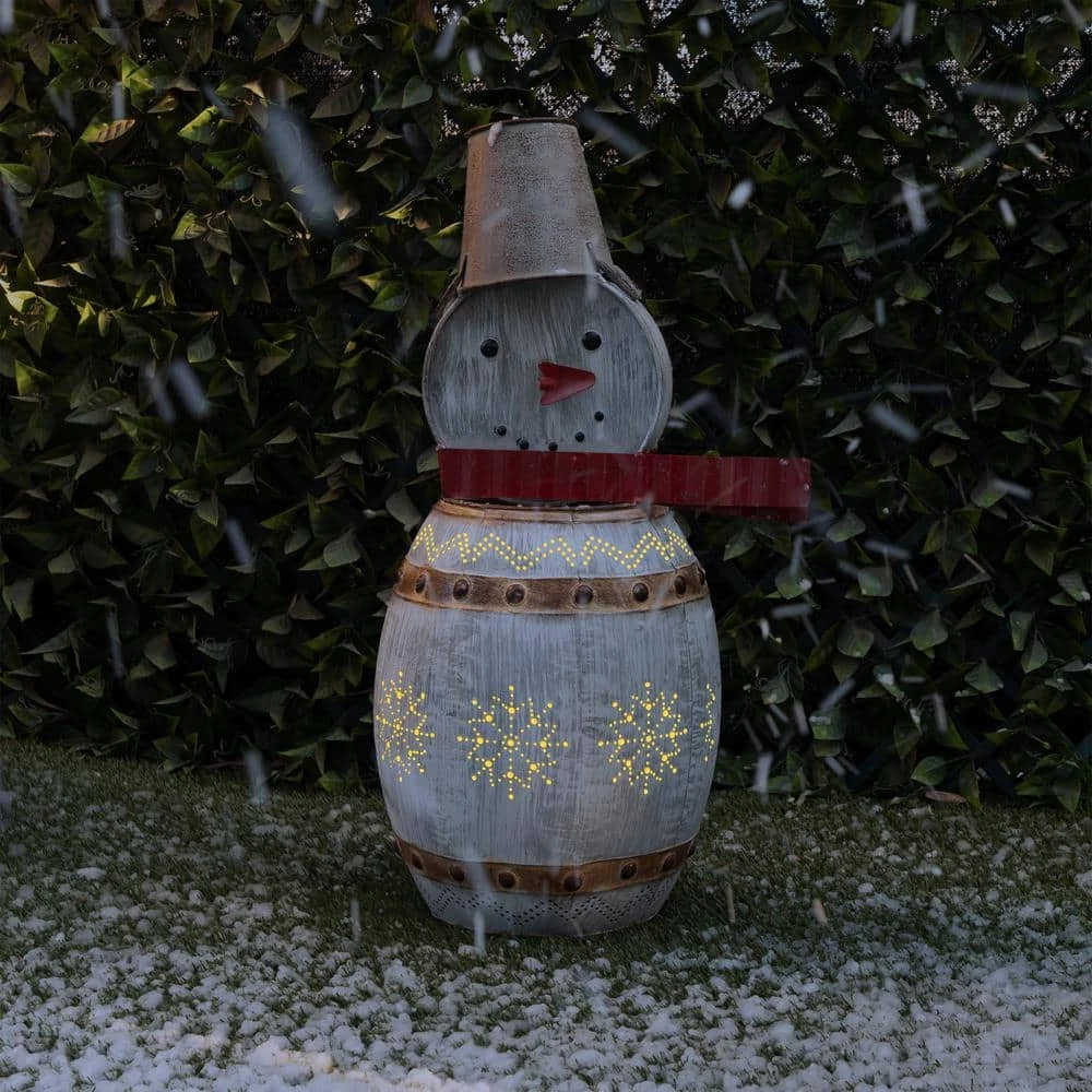 30 In. Tall Weathered Barrel Snowman With Warm White LED Lights 12 30 In. Tall Weathered Barrel Snowman With Warm White LED Lights - Image 12