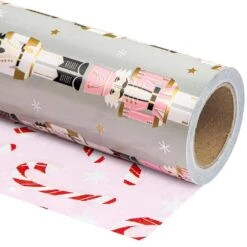 17 In. X 33 Ft. Christmas Wrapping Paper, Nutcracker And Candy Cane Printed For Chrsitmas Holiday Party Celebration