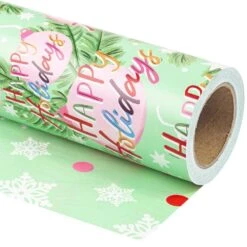 17 In. X 33 Ft. Christmas Wrapping Paper, Green Happy Holiday Lettering Printed For Chrsitmas Holiday Party Celebration
