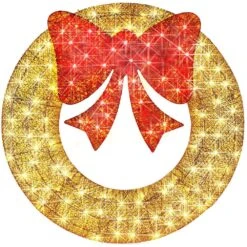 Best Choice Products 48 In. Gold Pre-Lit LED Outdoor Artificial Christmas Wreath With140-Lights And Red Bow