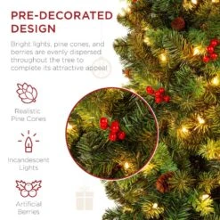 Best Choice Products 7.5 Ft. Pre-Lit Incandescent Pencil Artificial Christmas Tree With 350 Warm White Lights, Pine Cones, Berries -Northlight Shop best choice products pre lit christmas trees sky5979 4f 1000