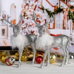 12 In. Silver Glitter Christmas Reindeer - Holiday Deer Figurine Statues Dinner Table Decor Centerpiece (Set Of 2) -Northlight Shop christmas centerpieces or 160 1f 1000