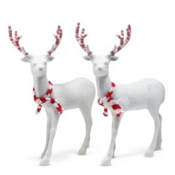Red And White Peppermint Christmas Reindeer - Holiday White Deer Figurine Statues With Antlers Centerpiece (Pack Of 2)