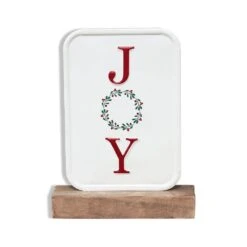 7.8 7 5 In. Joy Christmas Metal Tabletop Sign With Solid Wood Stand