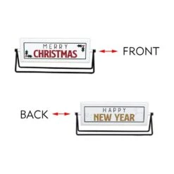 5 In. White Merry Christmas Happy New Year Metal Rotating Tabletop Holiday Sign 11 5 In. White Merry Christmas Happy New Year Metal Rotating Tabletop Holiday Sign -Northlight Shop christmas centerpieces uh353 44 1000