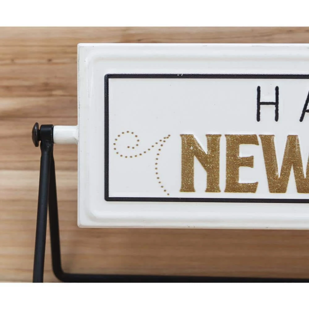 5 In. White Merry Christmas Happy New Year Metal Rotating Tabletop Holiday Sign 3 5 In. White Merry Christmas Happy New Year Metal Rotating Tabletop Holiday Sign - Image 3