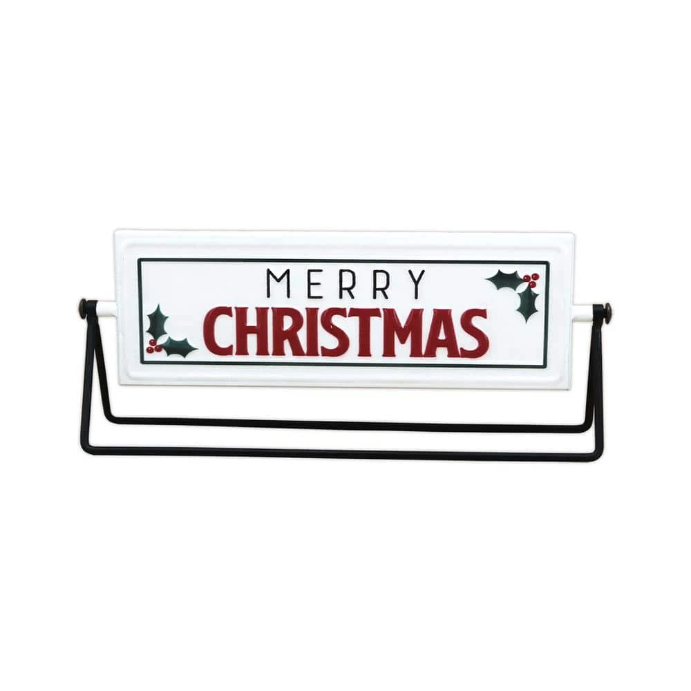 5 In. White Merry Christmas Happy New Year Metal Rotating Tabletop Holiday Sign 1 5 In. White Merry Christmas Happy New Year Metal Rotating Tabletop Holiday Sign