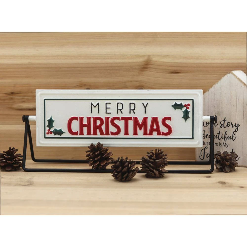 5 In. White Merry Christmas Happy New Year Metal Rotating Tabletop Holiday Sign 2 5 In. White Merry Christmas Happy New Year Metal Rotating Tabletop Holiday Sign - Image 2