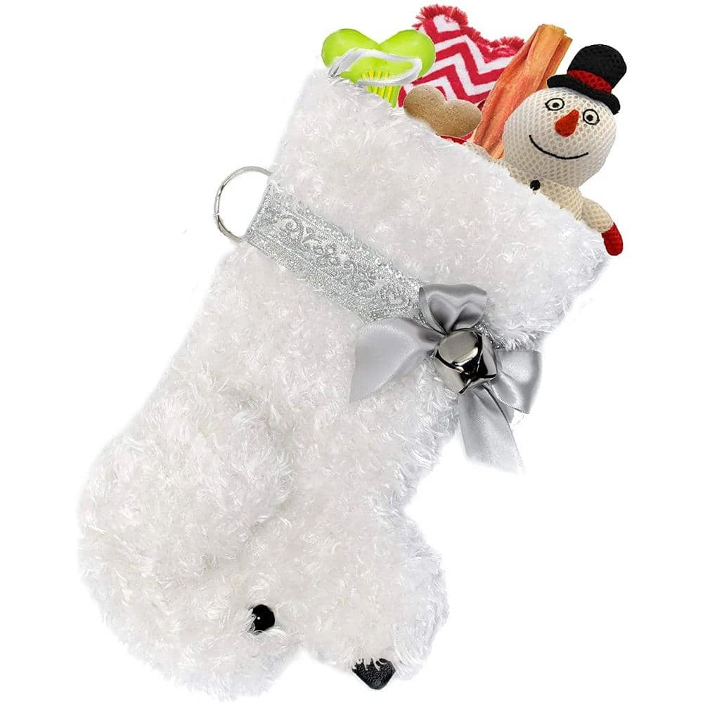 22 In. Snowball White Curly Dog Faux Fur Fabric Christmas Stocking 1 22 In. Snowball White Curly Dog Faux Fur Fabric Christmas Stocking