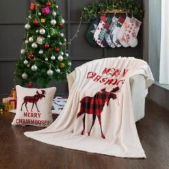 50 In. X 60 In. Polyester Microfiber Christmoose Christmas Throw With 18 In. Square Pillow -Northlight Shop christmas textiles cl107muos 31 1000
