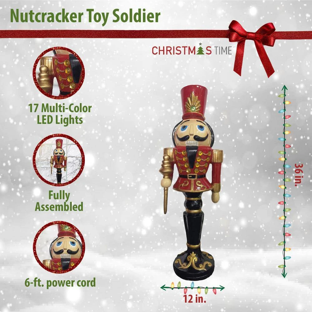 36 In. Red Resin Christmas Nutcracker Toy Soldier Holding A Staff With LED Lights 3 36 In. Red Resin Christmas Nutcracker Toy Soldier Holding A Staff With LED Lights - Image 3