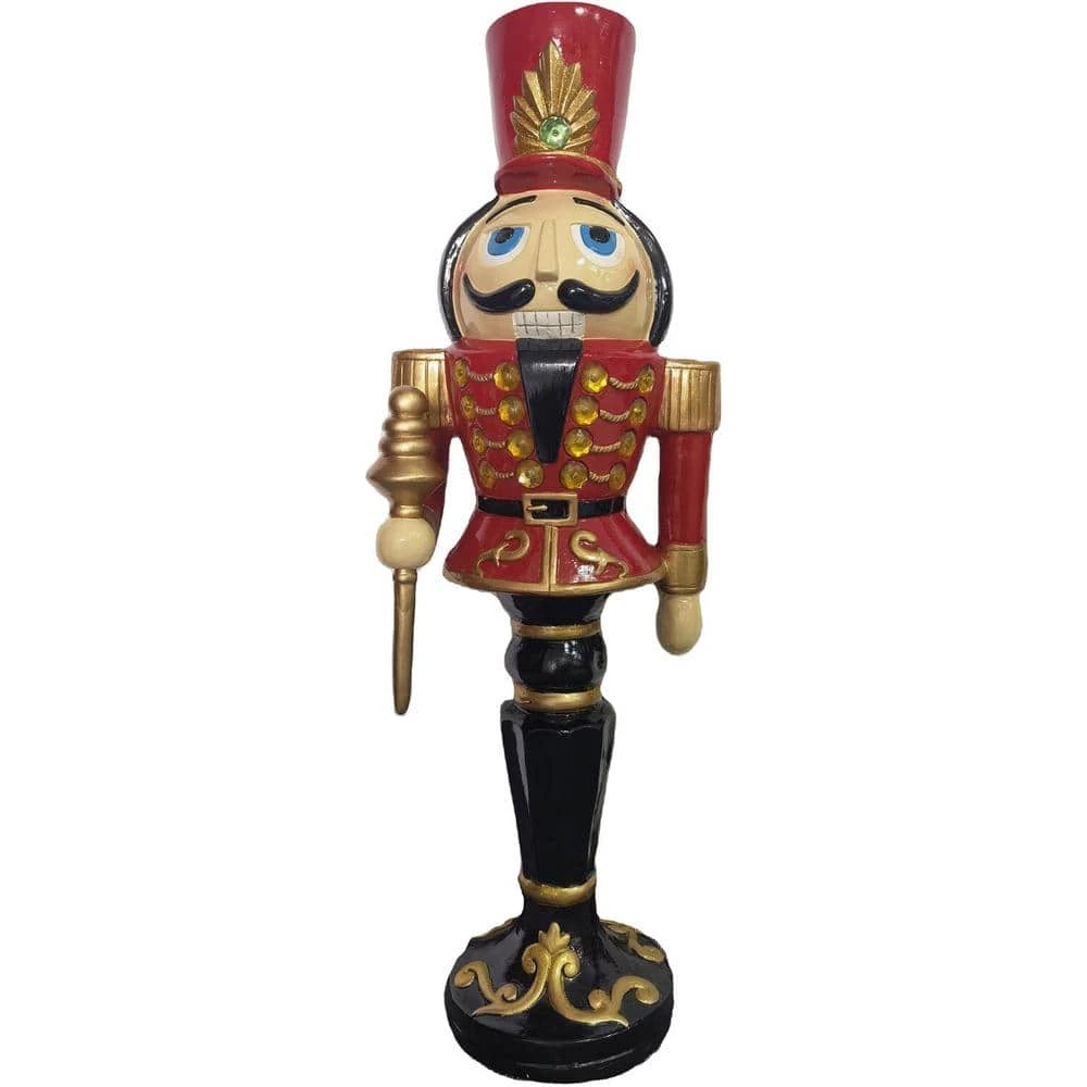 36 In. Red Resin Christmas Nutcracker Toy Soldier Holding A Staff With LED Lights 1 36 In. Red Resin Christmas Nutcracker Toy Soldier Holding A Staff With LED Lights