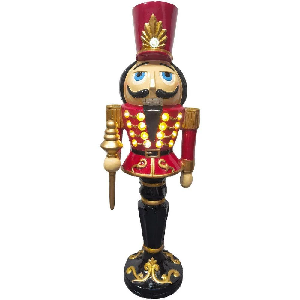36 In. Red Resin Christmas Nutcracker Toy Soldier Holding A Staff With LED Lights 4 36 In. Red Resin Christmas Nutcracker Toy Soldier Holding A Staff With LED Lights - Image 4
