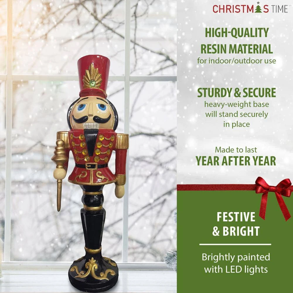 36 In. Red Resin Christmas Nutcracker Toy Soldier Holding A Staff With LED Lights 2 36 In. Red Resin Christmas Nutcracker Toy Soldier Holding A Staff With LED Lights - Image 2