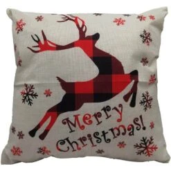 15.5 In. Buffalo Plaid Reindeer Merry Christmas Throw Pillow