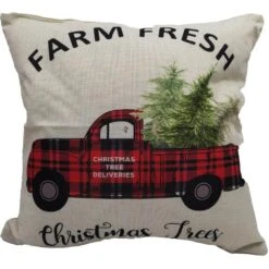15.5 In. Buffalo Plaid Truck Farm Fresh Christmas Throw Pillow