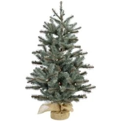3 Ft. Yardville Pine Artificial Christmas Porch Tree With Rustic Burlap Base And Warm White LED Lights