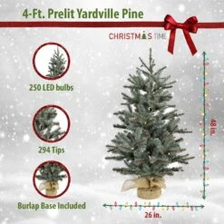 4 Ft. Prelit Yardville Pine Artificial Porch Christmas Tree With Brulap Base And LED String Lights -Northlight Shop christmas time outdoor christmas trees ct yv056 led 40 1000