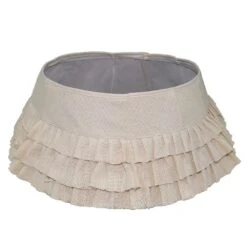 New Traditions 26 In. Ivory Burlap Tiered Ruffles Round Christmas Tree Collar