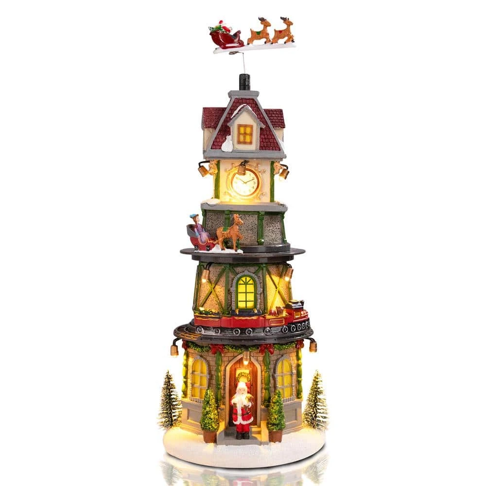 15 In. Christmas Tabletop Clock Tower Collectible Buildings With Revolving Train, Village House 1 15 In. Christmas Tabletop Clock Tower Collectible Buildings With Revolving Train, Village House