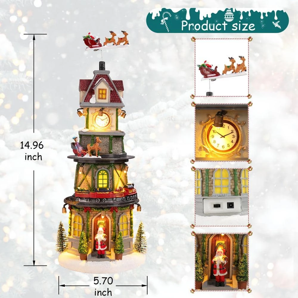 15 In. Christmas Tabletop Clock Tower Collectible Buildings With Revolving Train, Village House 2 15 In. Christmas Tabletop Clock Tower Collectible Buildings With Revolving Train, Village House - Image 2
