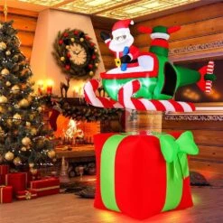 5 Ft. X 6 Ft. Christmas Inflatables Santa Claus With Helicopter On Gift Box -Northlight Shop costway christmas inflatables hcst04460 4f 1000
