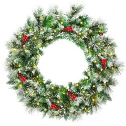 24 In. Pre-Lit Flocked Artificial Christmas Spruce Wreath With 50 LED Lights And Timer
