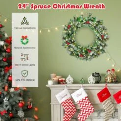 24 In. Pre-Lit Flocked Artificial Christmas Spruce Wreath With 50 LED Lights And Timer -Northlight Shop costway christmas wreaths ms2j wr91 fa 1000