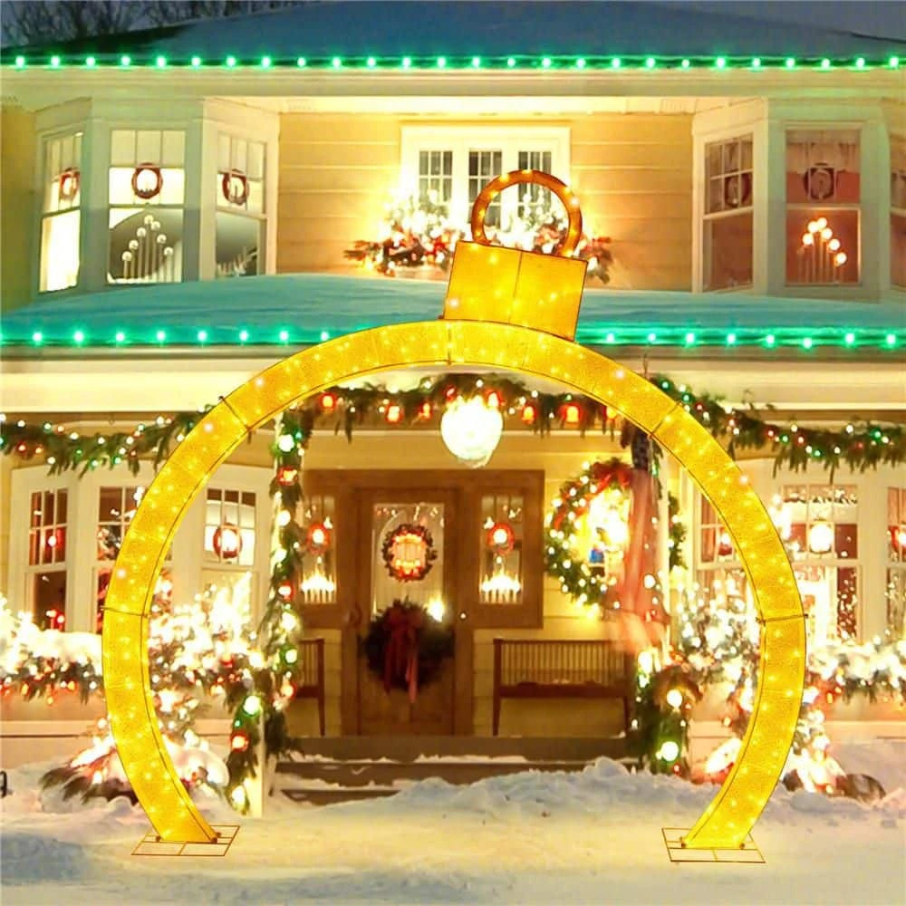 10.5 Ft. Christmas Pre-Lit Arch With Gold Ornament Cap 300 Warm White LED Lights 4 10.5 Ft. Christmas Pre-Lit Arch With Gold Ornament Cap 300 Warm White LED Lights - Image 4