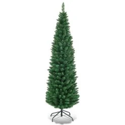 6 Ft. PVC Unlit Slim Pencil Artificial Christmas Tree With Stand Home Holiday Slim Green