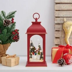 Tabletop Red Christmas Snowman Winter Scene Diorama Lighted Lantern Decoration -Northlight Shop danya b christmas centerpieces uw1152 c3 1000