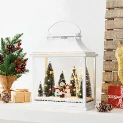 Tabletop White Christmas Holiday Winter Scene Diorama Lighted Lantern Decoration - Rectangle -Northlight Shop danya b christmas centerpieces uw1167 4f 1000