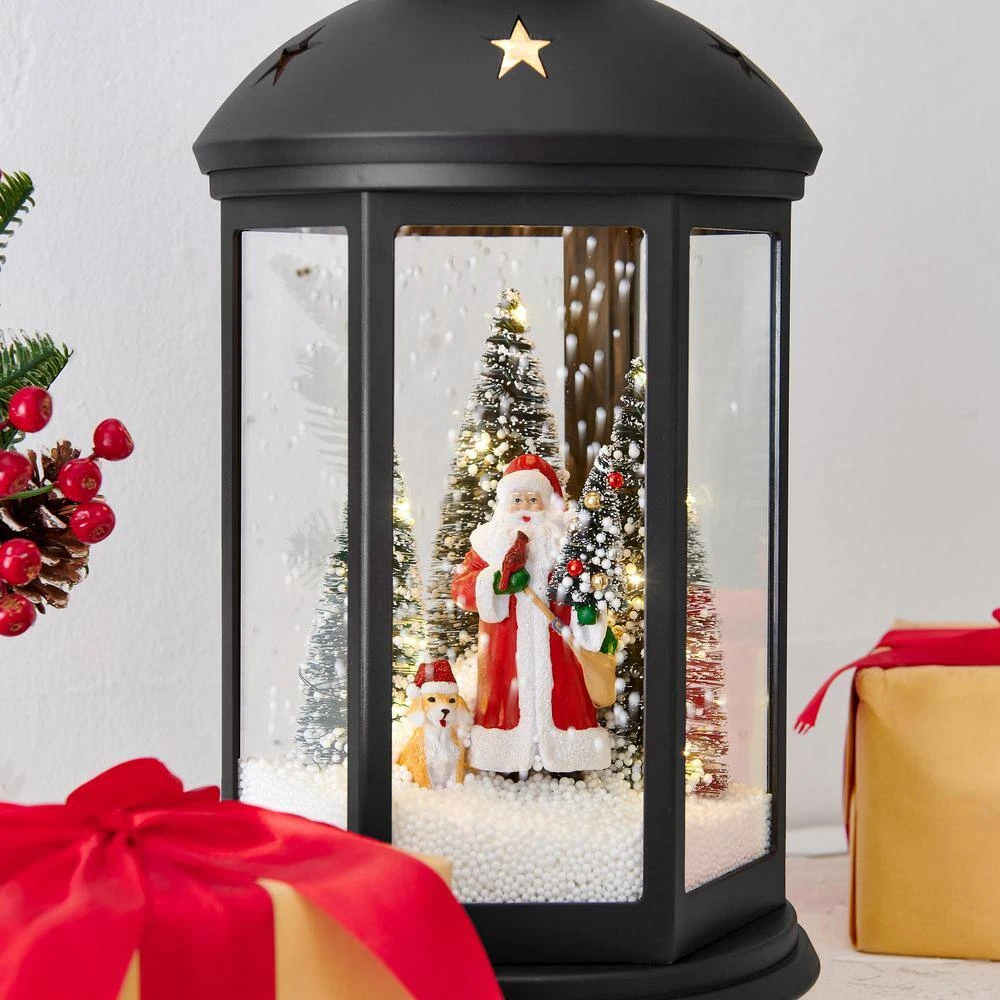 Tabletop Christmas Holiday Winter Scene Falling Snow Music Snowglobe Diorama Lit Lantern Decoration - Black 2 Tabletop Christmas Holiday Winter Scene Falling Snow Music Snowglobe Diorama Lit Lantern Decoration - Black - Image 2
