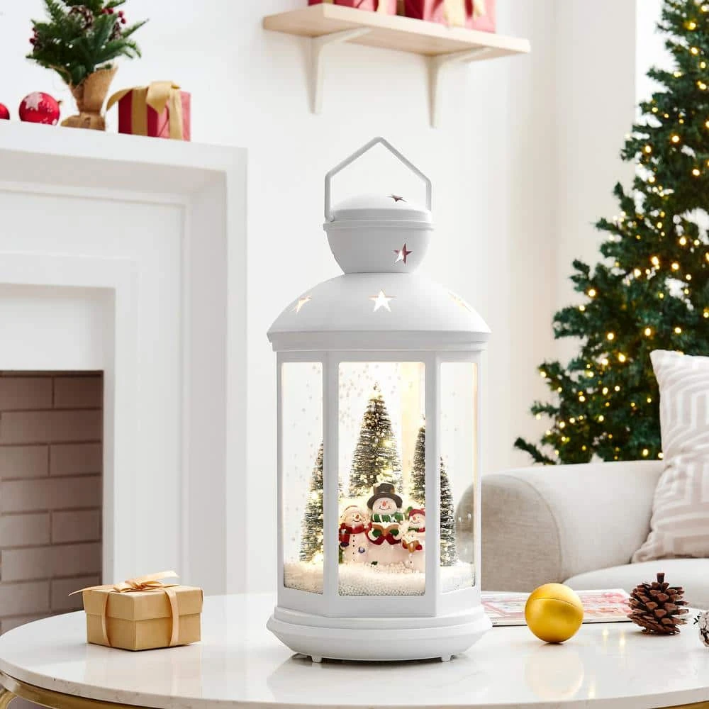Tabletop Christmas Holiday Winter Scene Falling Snow Music Snowglobe Diorama Lit Lantern Decoration - White 5 Tabletop Christmas Holiday Winter Scene Falling Snow Music Snowglobe Diorama Lit Lantern Decoration - White - Image 5