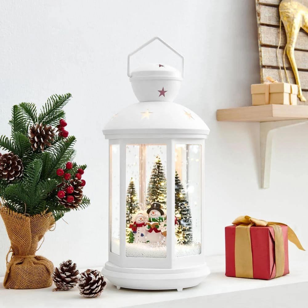 Tabletop Christmas Holiday Winter Scene Falling Snow Music Snowglobe Diorama Lit Lantern Decoration - White 4 Tabletop Christmas Holiday Winter Scene Falling Snow Music Snowglobe Diorama Lit Lantern Decoration - White - Image 4