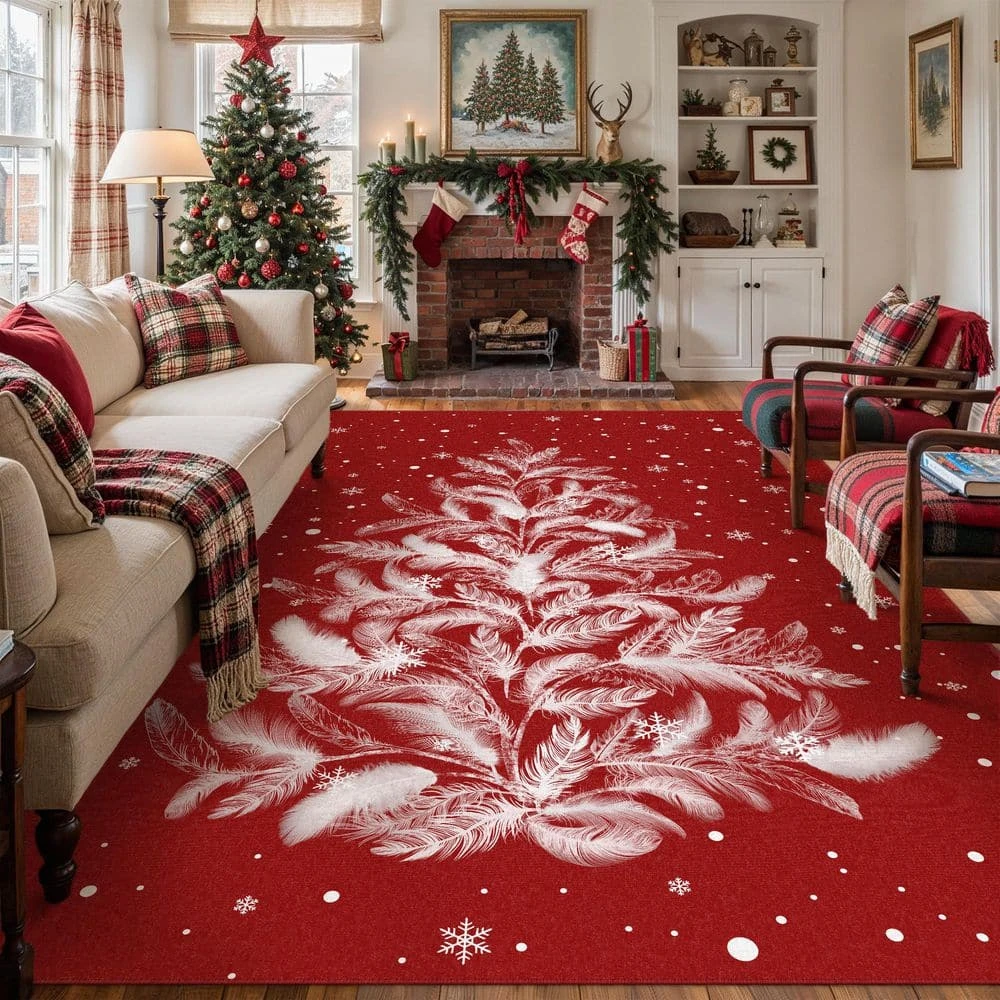 Christmas 9 Ft. X 12 Ft. Red Feather Christmas Tree Area Rug 3 Christmas 9 Ft. X 12 Ft. Red Feather Christmas Tree Area Rug - Image 3