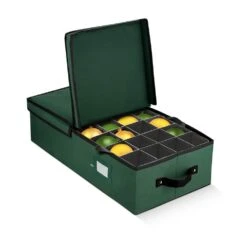 6 In. Green 600D Polyester Holiday Ornament Storage Box With Trays 64-Ornaments