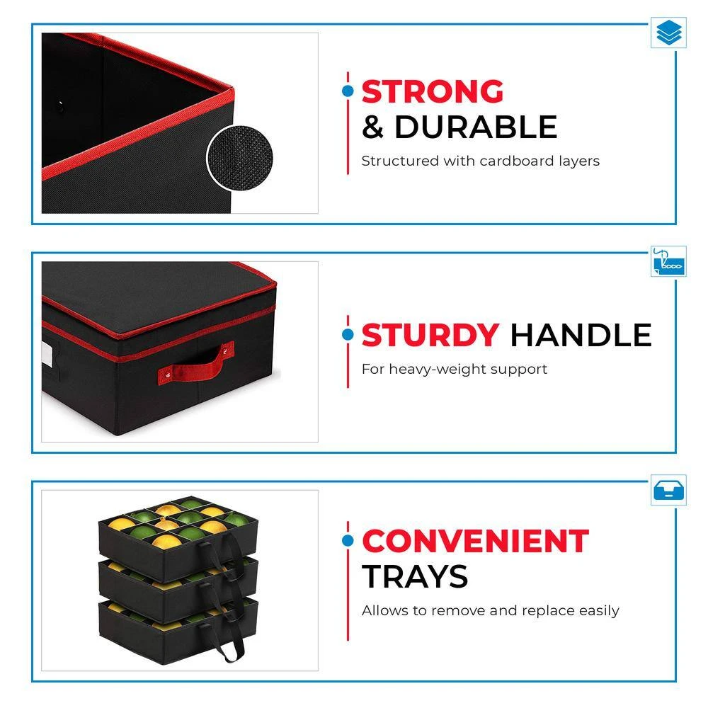 12 In. Black 600D Polyester Holiday Ornament Storage Box With Trays, 36-Ornaments 3 12 In. Black 600D Polyester Holiday Ornament Storage Box With Trays, 36-Ornaments - Image 3