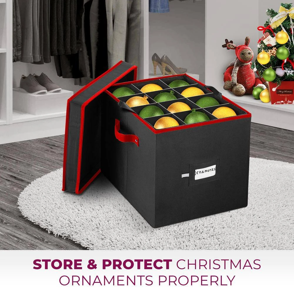 12 In. Black 600D Polyester Holiday Ornament Storage Box With Trays, 36-Ornaments 2 12 In. Black 600D Polyester Holiday Ornament Storage Box With Trays, 36-Ornaments - Image 2