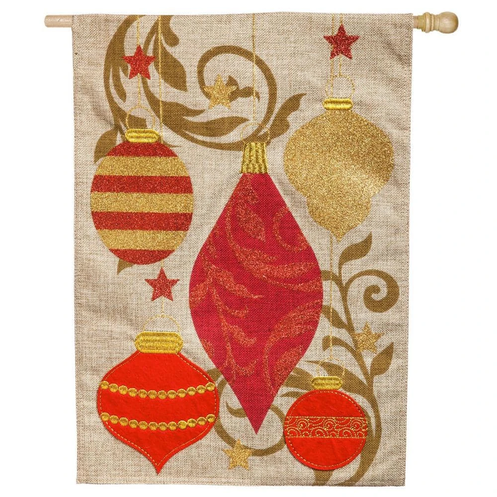Evergreen 28 In. X 44 In. Holiday Ornaments House Burlap Flag 1 Evergreen 28 In. X 44 In. Holiday Ornaments House Burlap Flag